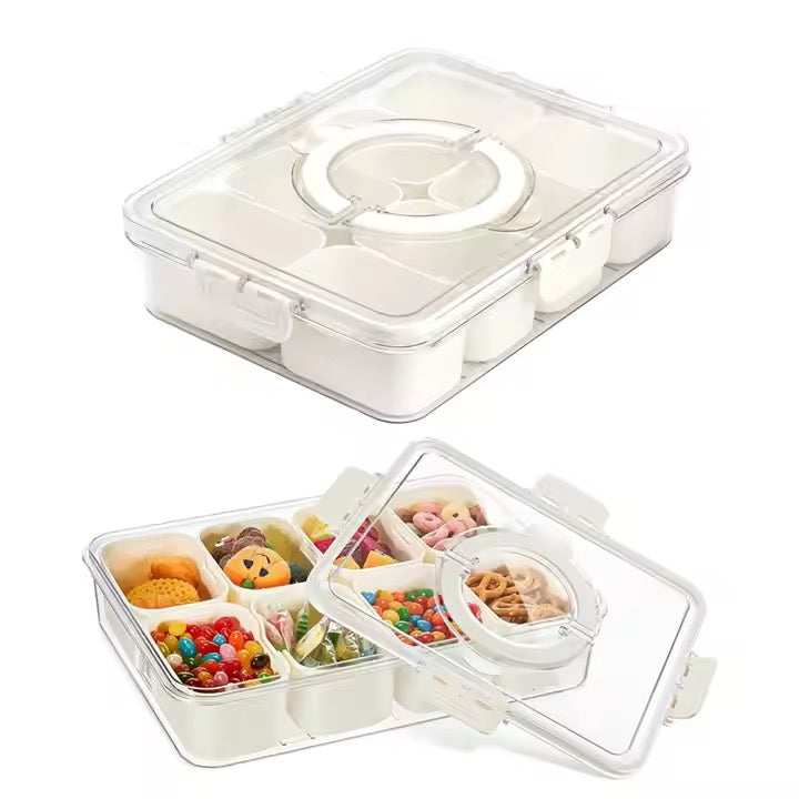 Snack & Serve Tray with Lid and Handle. Handy Snack Container with 8 Compartments Suitable for Tailgating, Picnics, Camping and Home Use.